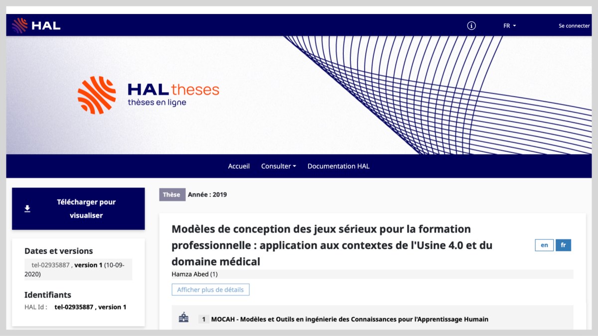 Modèles de conception des jeux sérieux pour la formation professionnelle: application aux contextes de l&rsquo;Usine 4.0 et du domaine&nbsp;médical